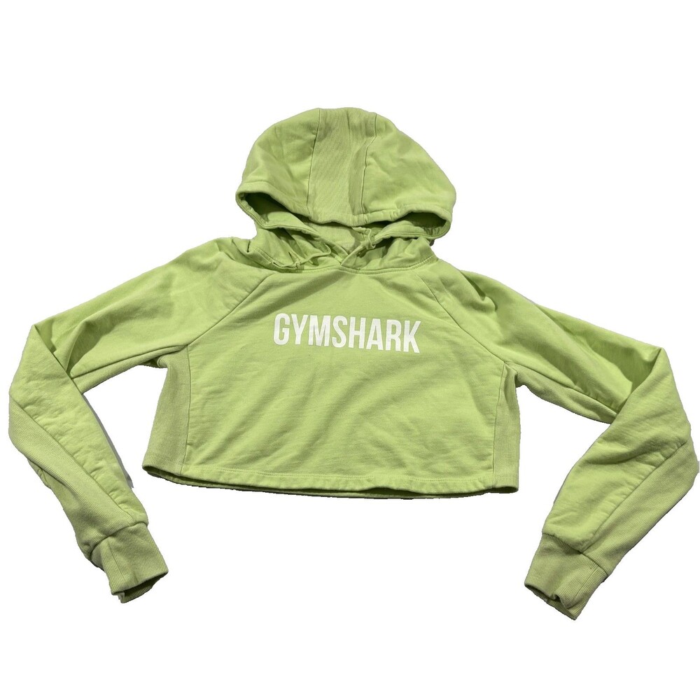 Gymshark Womens Neon Yellow Cropped Hoodie Sweatshirt Pullover Gym Logo Sz XS